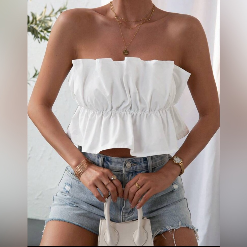SHEIN Privé Ruffle Trim Ruched Bust Tube Off Shoulder White Top